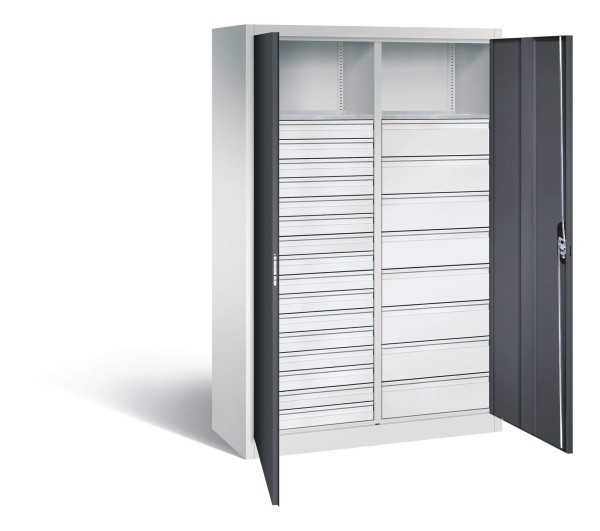 Materialschrank mit Mittelwand und 24 Schubladen